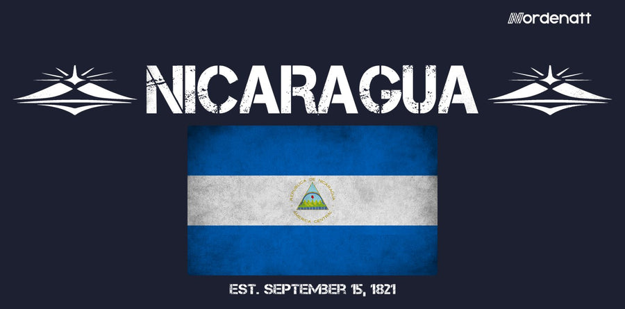 Nicaragua design preview: flag, date and emblem inspiration printed on dark t-shirts (Nordenatt)