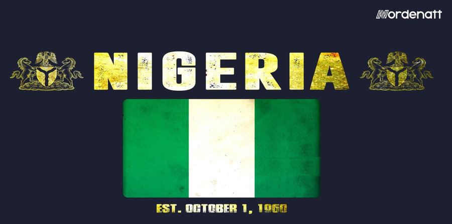 Nigeria design preview: flag, date and emblem inspiration printed on dark t-shirts (Nordenatt)