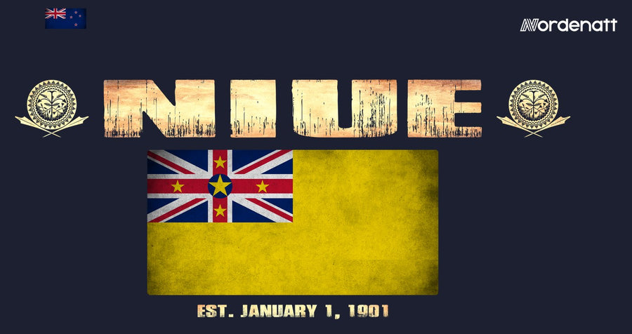 Niue design preview: flag, date and emblem inspiration printed on dark t-shirts (Nordenatt)