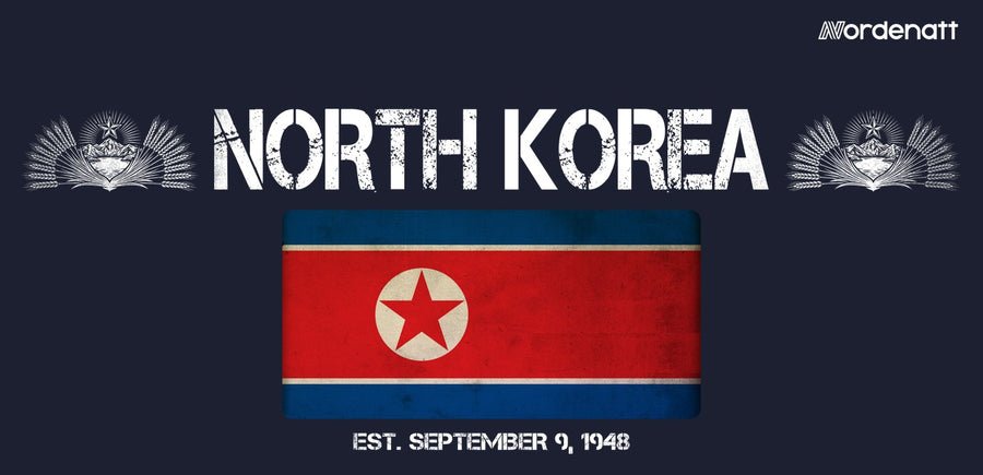 North Korea design preview: flag, date and emblem inspiration printed on dark t-shirts (Nordenatt)