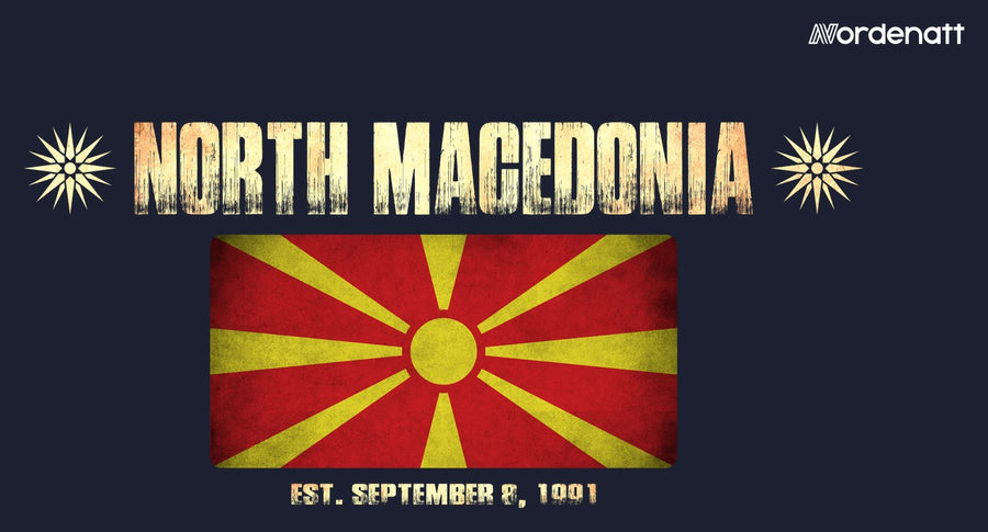 North Macedonia design preview: flag, date and emblem inspiration printed on dark t-shirts (Nordenatt)