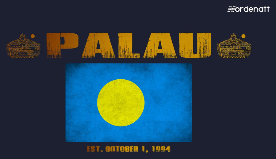 Palau design preview: flag, date and emblem inspiration printed on dark t-shirts (Nordenatt)