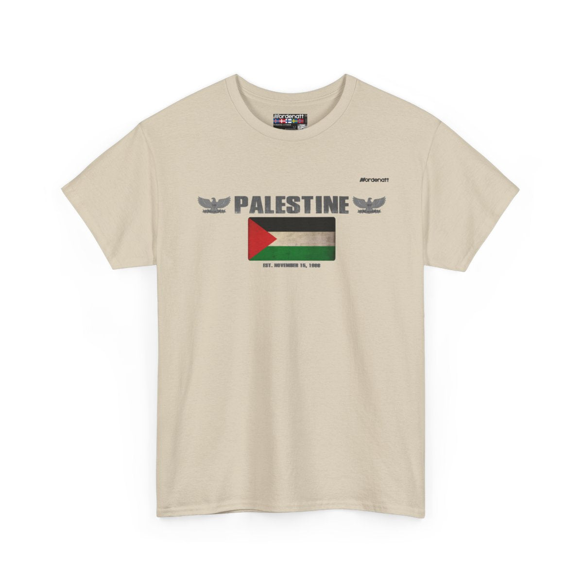 Palestine flag t-shirt in Sand — premium cotton, Nordenatt