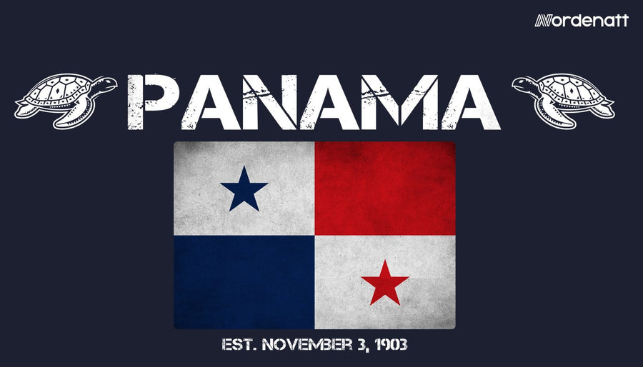 Panama design preview: flag, date and emblem inspiration printed on dark t-shirts (Nordenatt)