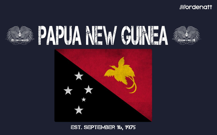 Papua New Guinea design preview: flag, date and emblem inspiration printed on dark t-shirts (Nordenatt)