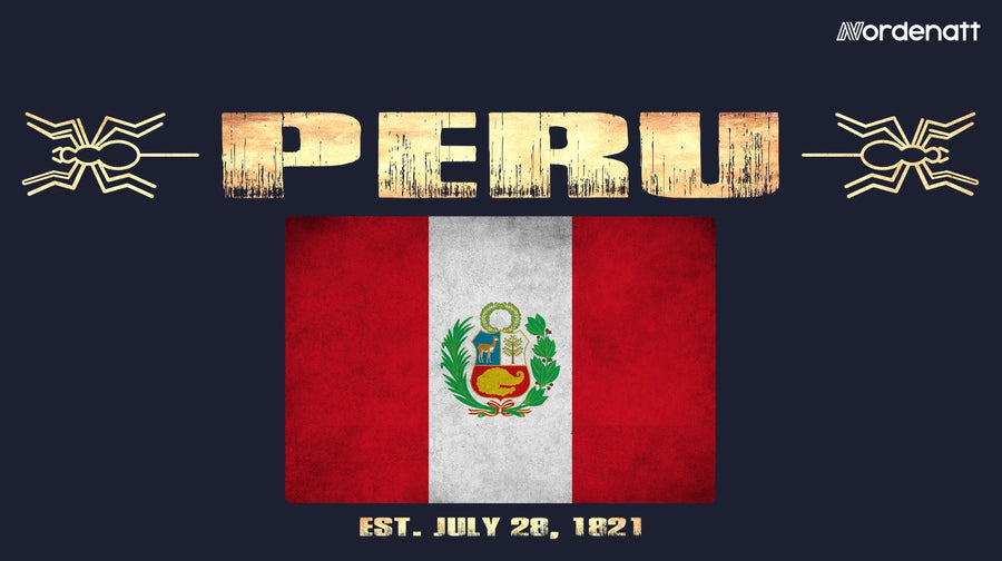 Peru design preview: flag, date and emblem inspiration printed on dark t-shirts (Nordenatt)