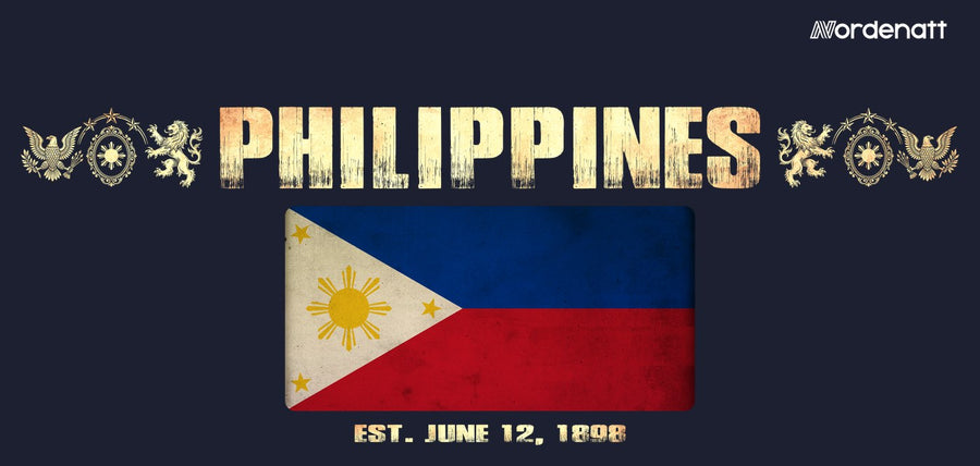 Philippines design preview: flag, date and emblem inspiration printed on dark t-shirts (Nordenatt)