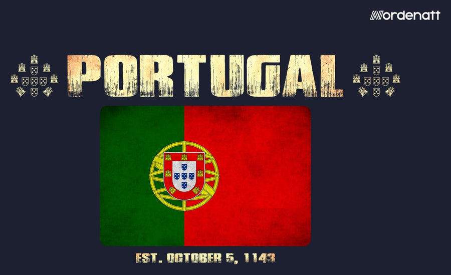 Portugal design preview: flag, date and emblem inspiration printed on dark t-shirts (Nordenatt)