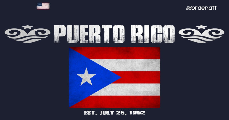 Puerto Rico design preview: flag, date and emblem inspiration printed on dark t-shirts (Nordenatt)