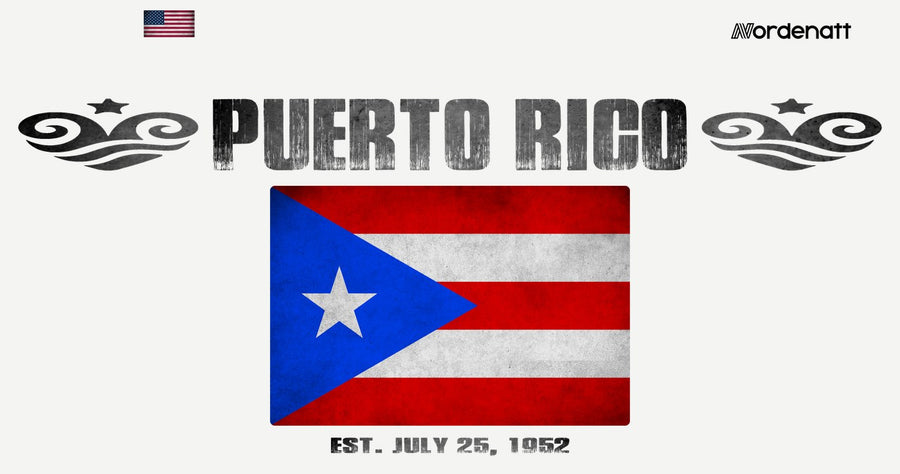Puerto Rico design preview: flag, date and emblem inspiration printed on light t-shirts (Nordenatt)