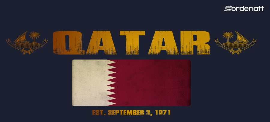 Qatar design preview: flag, date and emblem inspiration printed on dark t-shirts (Nordenatt)