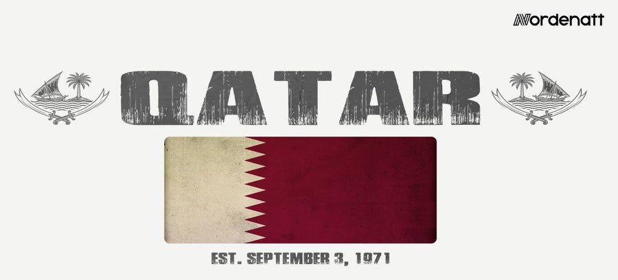 Qatar design preview: flag, date and emblem inspiration printed on light t-shirts (Nordenatt)