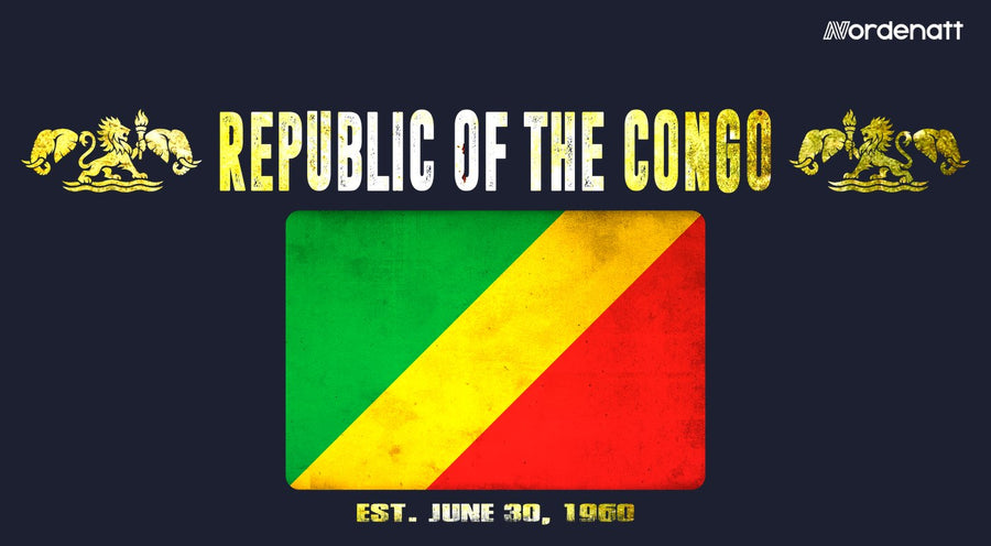 Republic of the Congo design preview: flag, date and emblem inspiration printed on dark t-shirts (Nordenatt)