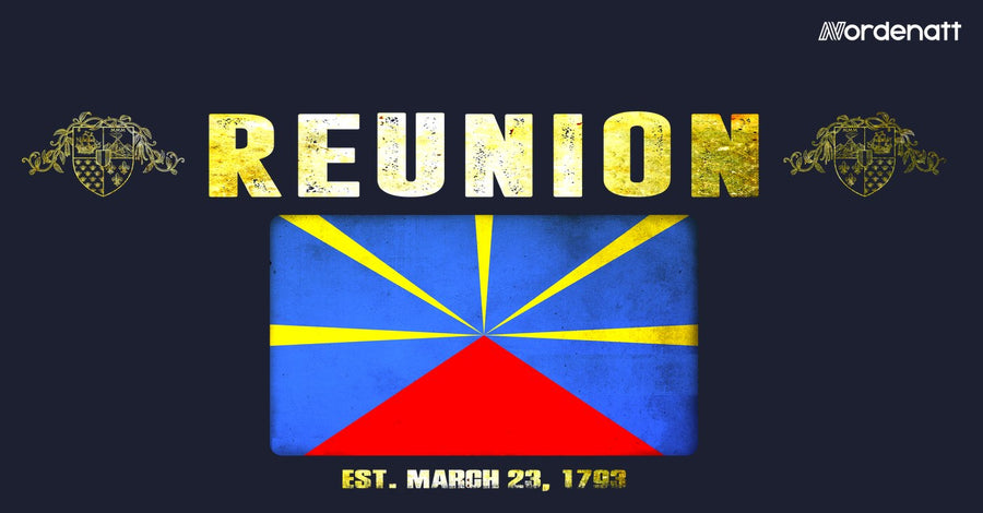 Reunion design preview: flag, date and emblem inspiration printed on dark t-shirts (Nordenatt)