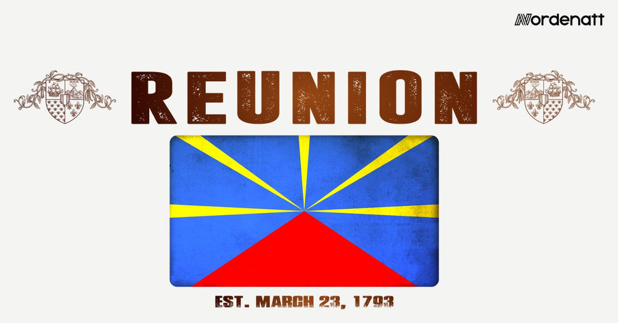 Reunion design preview: flag, date and emblem inspiration printed on light t-shirts (Nordenatt)