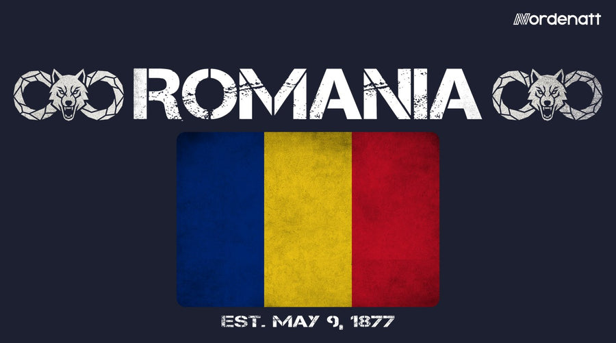 Romania design preview: flag, date and emblem inspiration printed on dark t-shirts (Nordenatt)