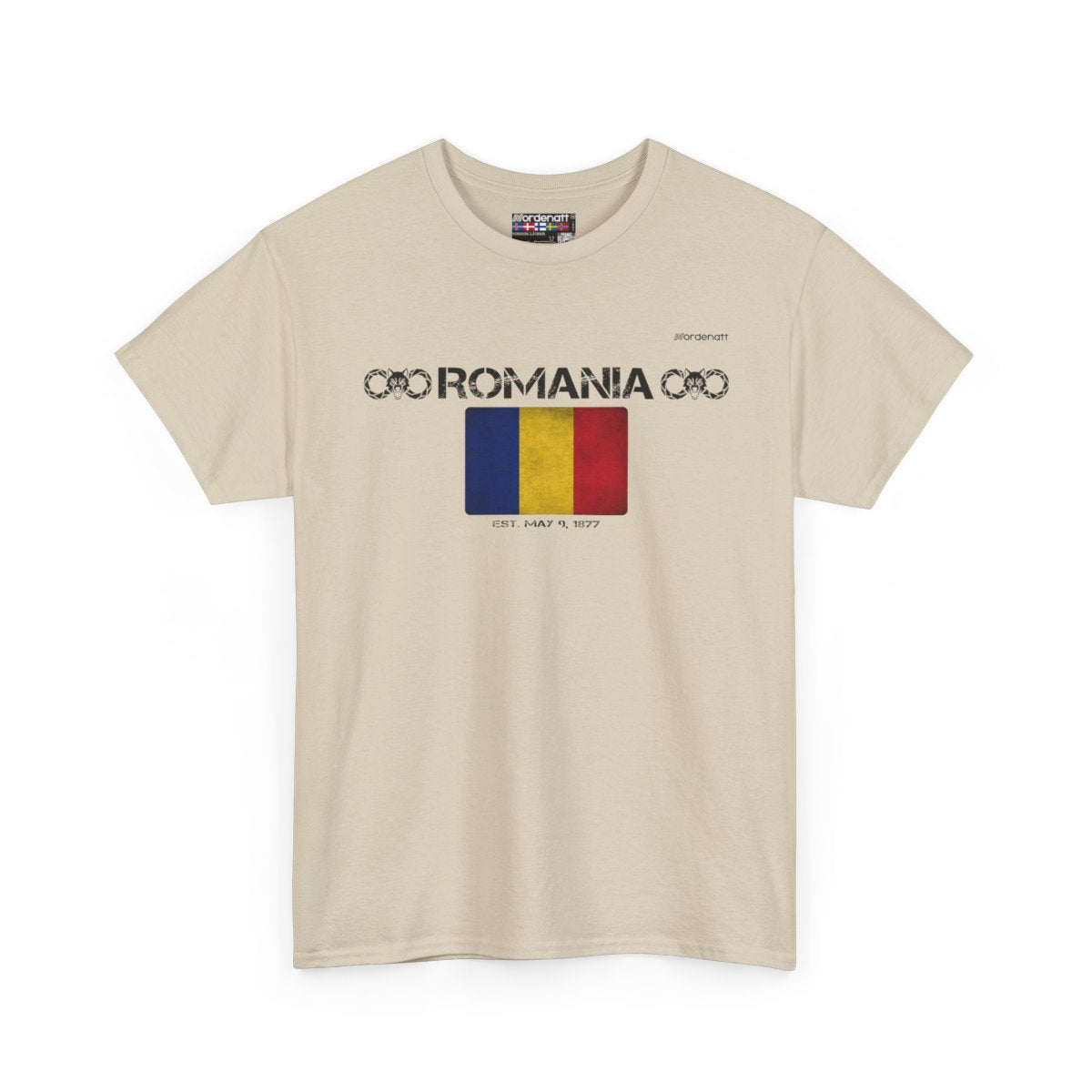 Romania flag t-shirt in Sand — premium cotton, Nordenatt