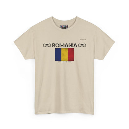 Romania flag t-shirt in Sand — premium cotton, Nordenatt