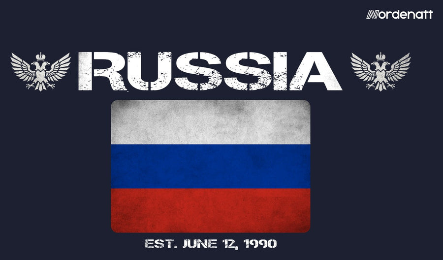 Russia design preview: flag, date and emblem inspiration printed on dark t-shirts (Nordenatt)