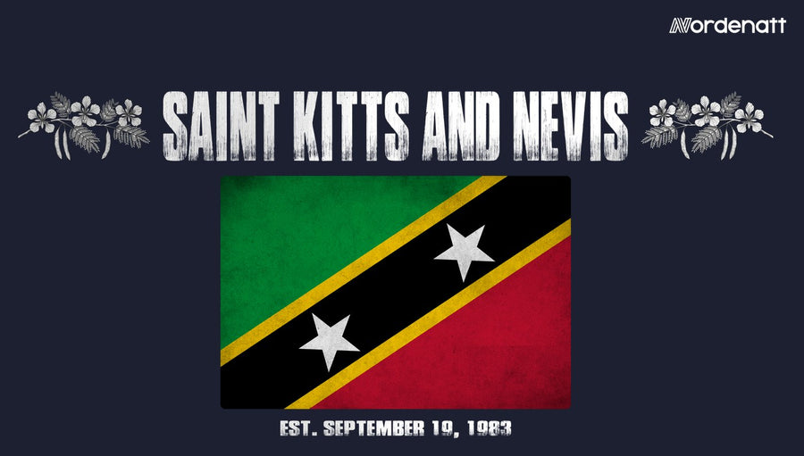 Saint Kitts and Nevis design preview: flag, date and emblem inspiration printed on dark t-shirts (Nordenatt)