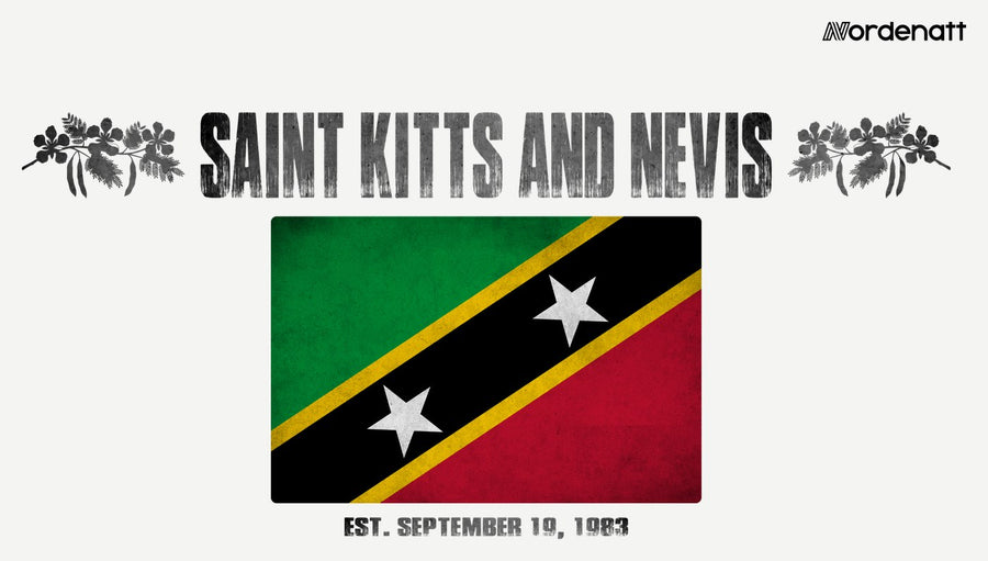 Saint Kitts and Nevis design preview: flag, date and emblem inspiration printed on light t-shirts (Nordenatt)