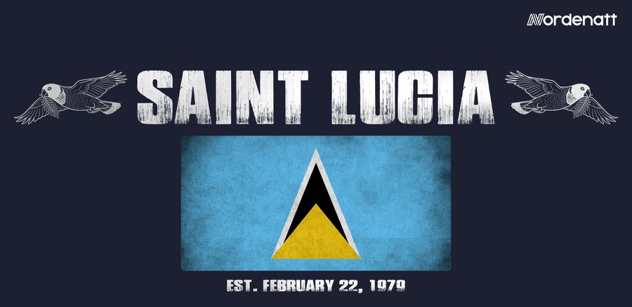 Saint Lucia design preview: flag, date and emblem inspiration printed on dark t-shirts (Nordenatt)
