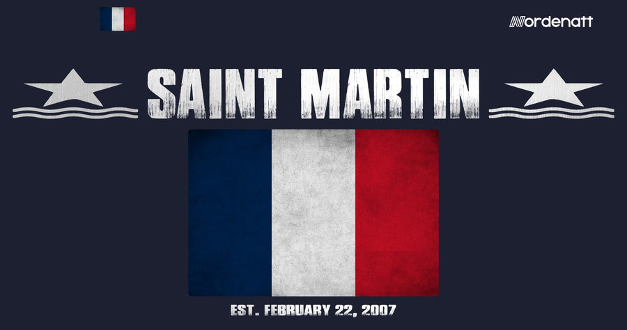 Saint Martin design preview: flag, date and emblem inspiration printed on dark t-shirts (Nordenatt)
