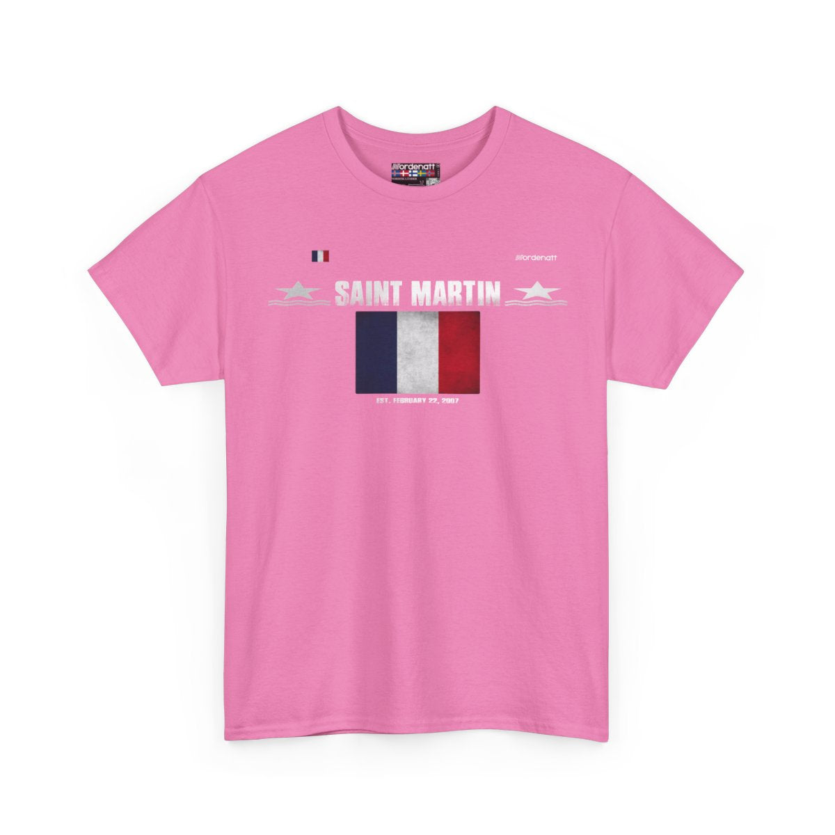 Saint Martin flag t-shirt in Azalea — premium cotton, Nordenatt