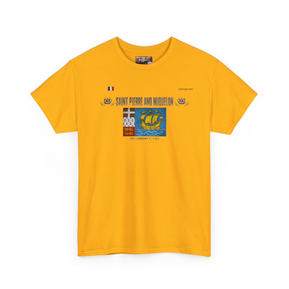 Saint Pierre And Miquelon flag t-shirt in Gold — premium cotton, Nordenatt