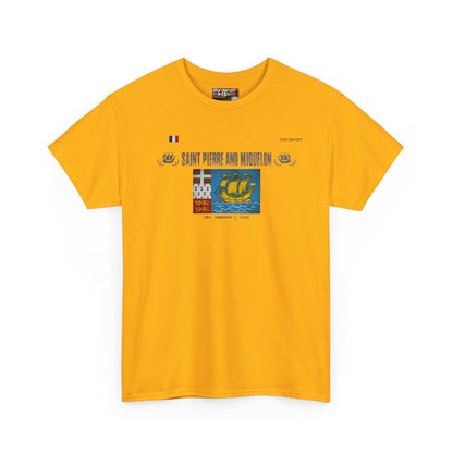 Saint Pierre And Miquelon flag t-shirt in Gold — premium cotton, Nordenatt