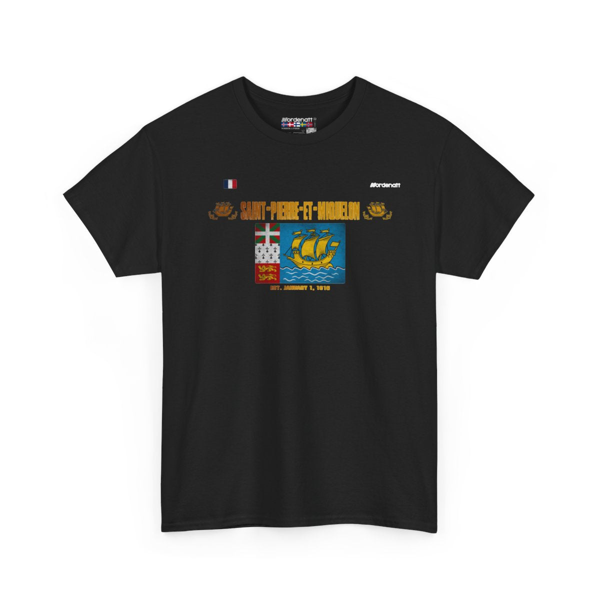 Saint Pierre And Miquelon flag t-shirt in Black — premium cotton, Nordenatt