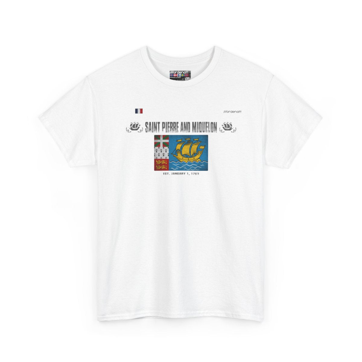 Saint Pierre And Miquelon flag t-shirt in White — premium cotton, Nordenatt