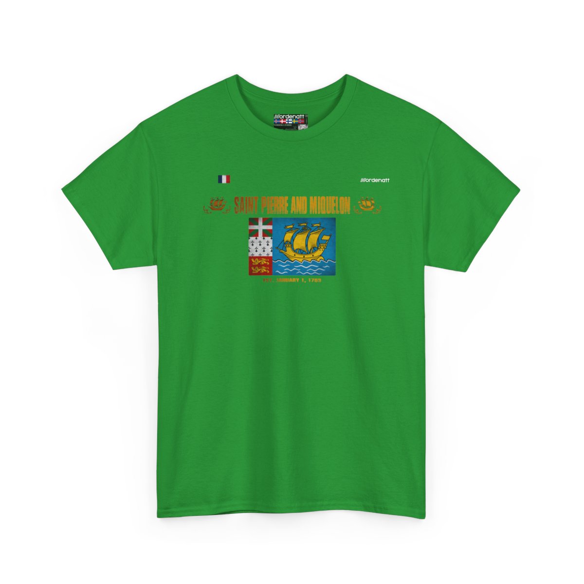 Saint Pierre And Miquelon flag t-shirt in Irish Green — premium cotton, Nordenatt