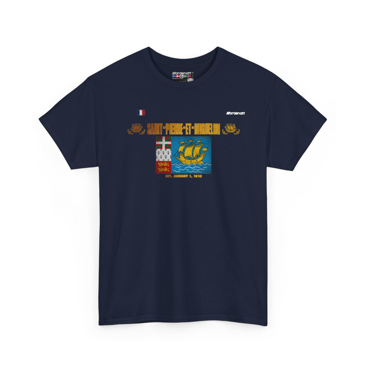 Saint Pierre And Miquelon flag t-shirt in Navy — premium cotton, Nordenatt