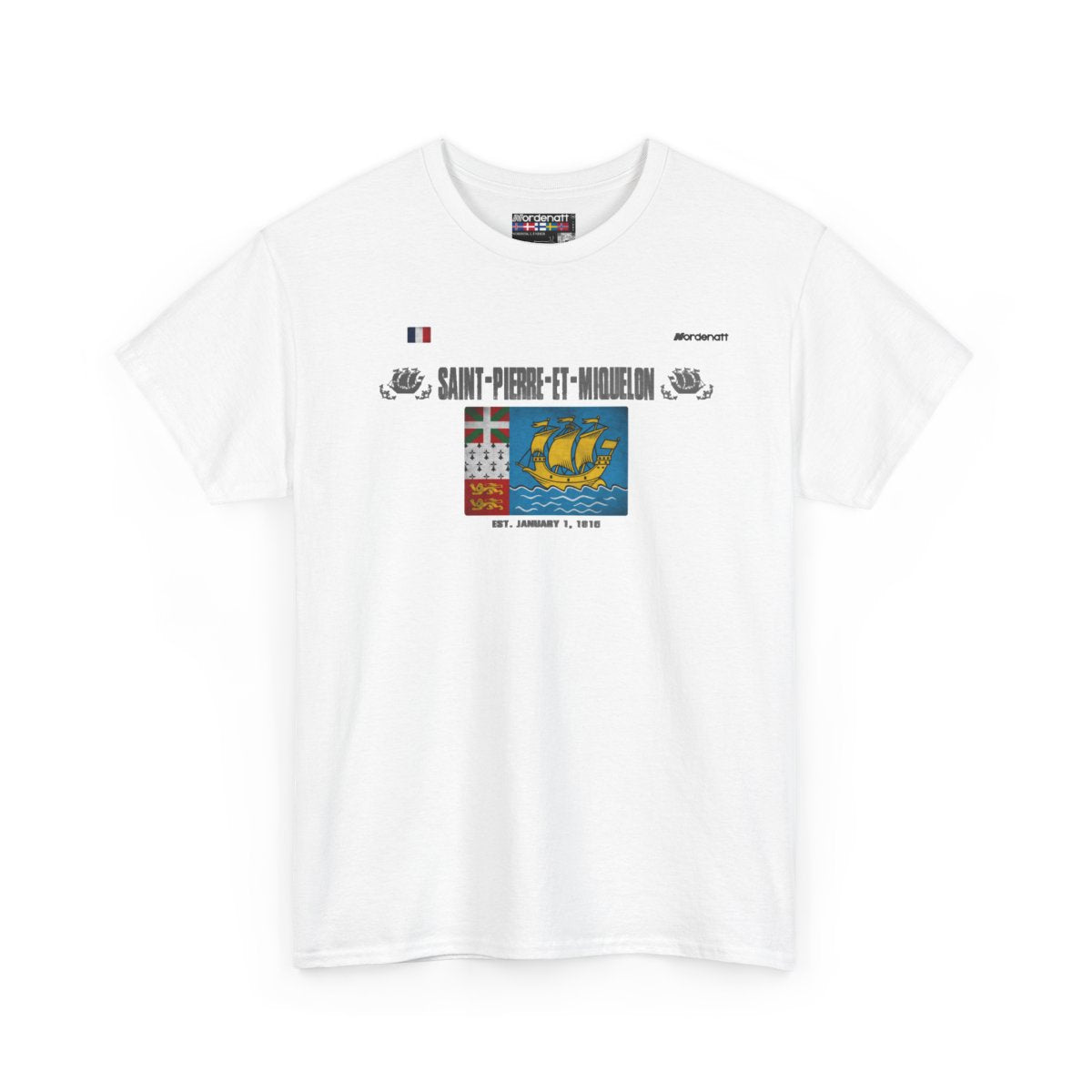 Saint Pierre And Miquelon flag t-shirt in White — premium cotton, Nordenatt