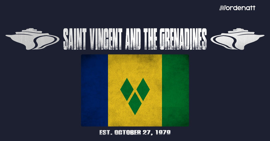 Saint Vincent and the Grenadines design preview: flag, date and emblem inspiration printed on dark t-shirts (Nordenatt)