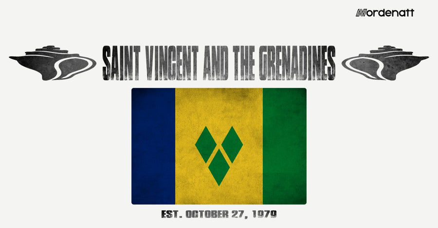 Saint Vincent and the Grenadines design preview: flag, date and emblem inspiration printed on light t-shirts (Nordenatt)