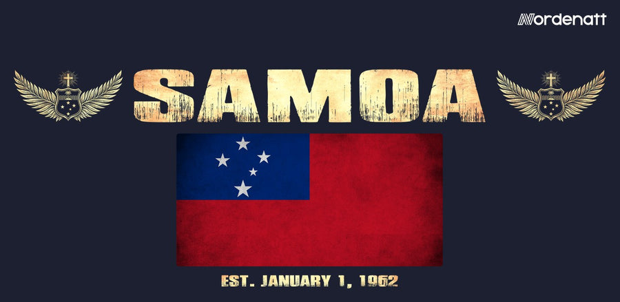 Samoa design preview: flag, date and emblem inspiration printed on dark t-shirts (Nordenatt)