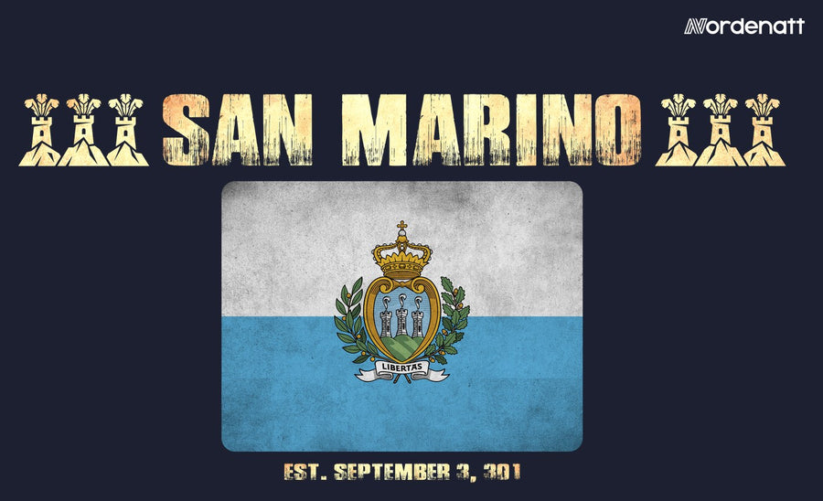 San Marino design preview: flag, date and emblem inspiration printed on dark t-shirts (Nordenatt)