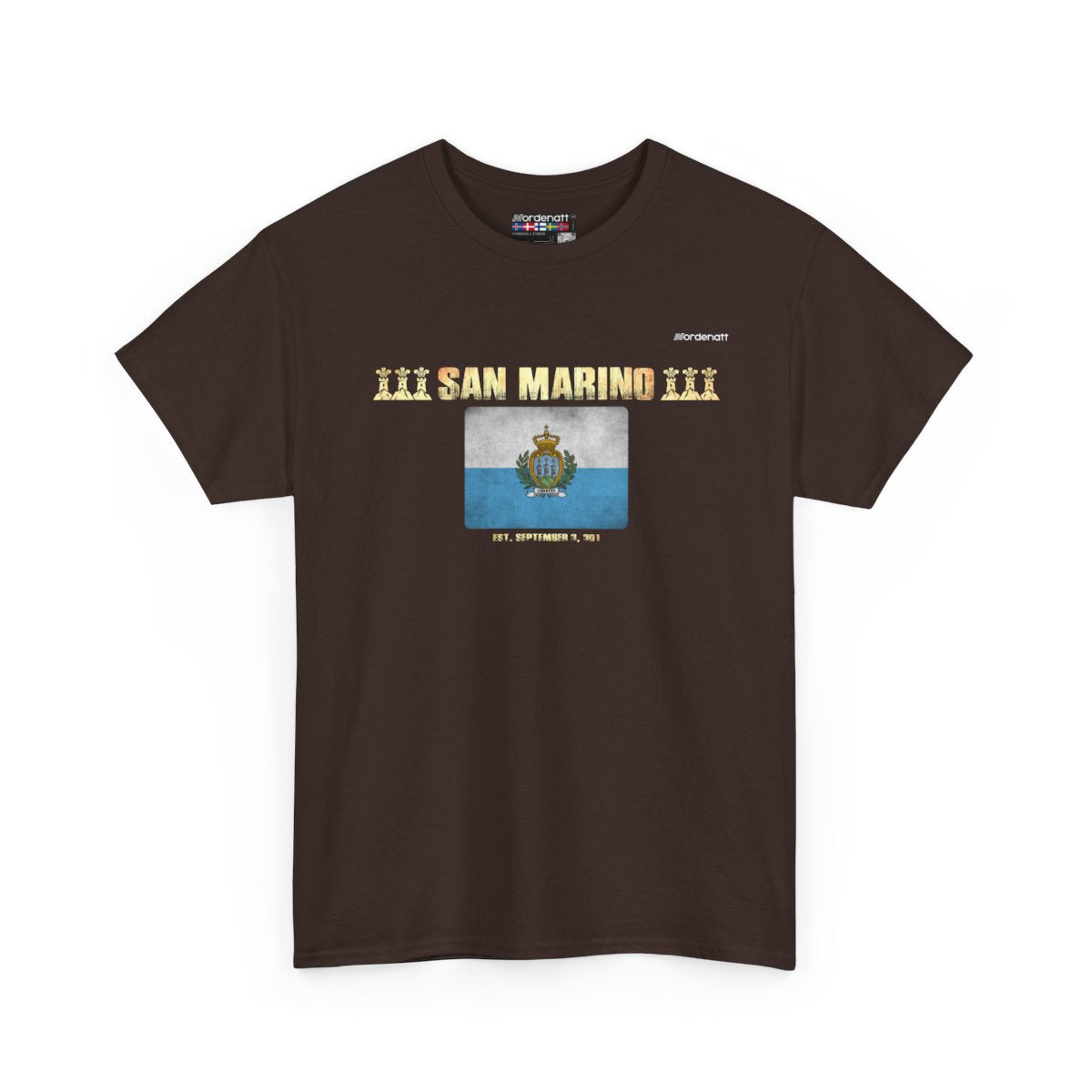 San Marino flag t-shirt in Dark Chocolate — premium cotton, Nordenatt