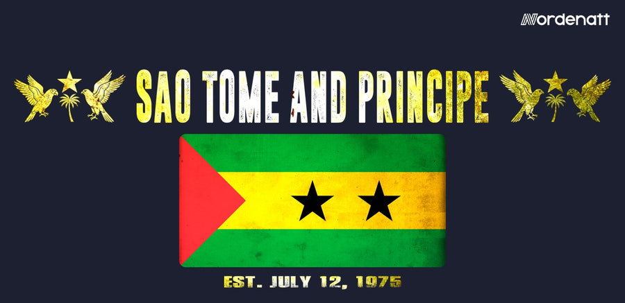 Sao Tome and Principe design preview: flag, date and emblem inspiration printed on dark t-shirts (Nordenatt)