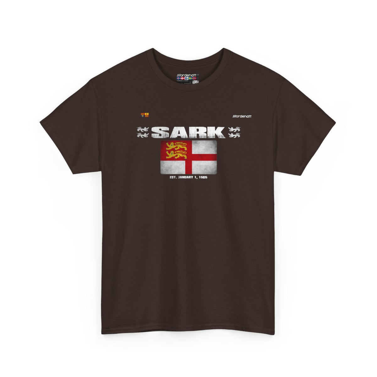 Sark flag t-shirt in Dark Chocolate — premium cotton, Nordenatt
