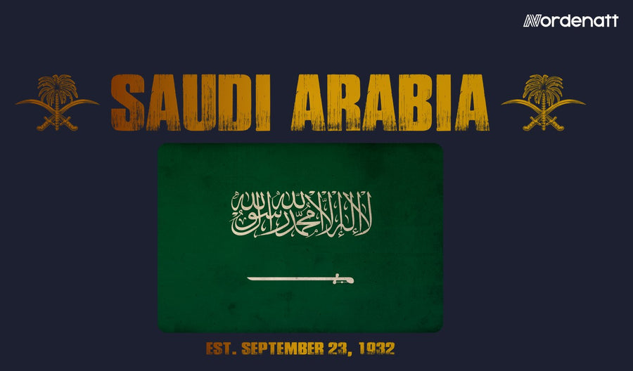 Saudi Arabia design preview: flag, date and emblem inspiration printed on dark t-shirts (Nordenatt)