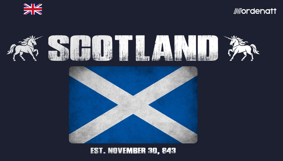 Scotland design preview: flag, date and emblem inspiration printed on dark t-shirts (Nordenatt)
