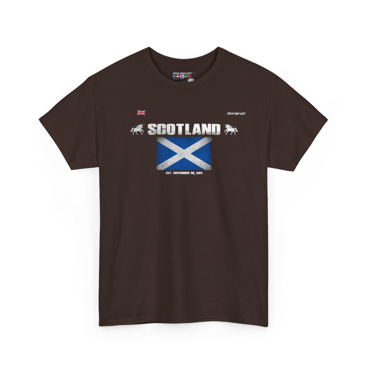 Scotland flag t-shirt in Dark Chocolate — premium cotton, Nordenatt