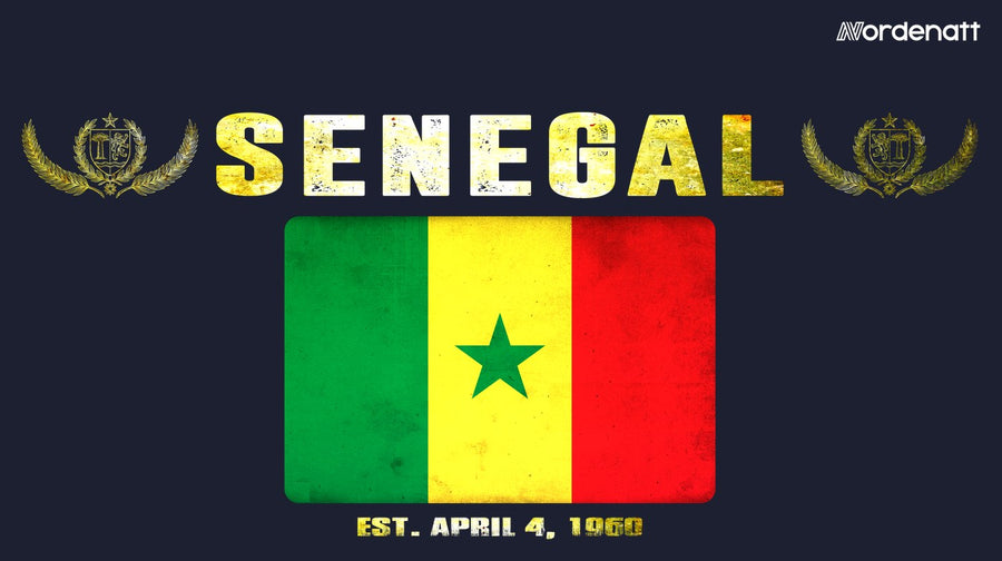 Senegal design preview: flag, date and emblem inspiration printed on dark t-shirts (Nordenatt)