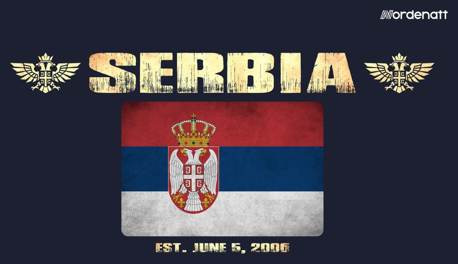 Serbia design preview: flag, date and emblem inspiration printed on dark t-shirts (Nordenatt)