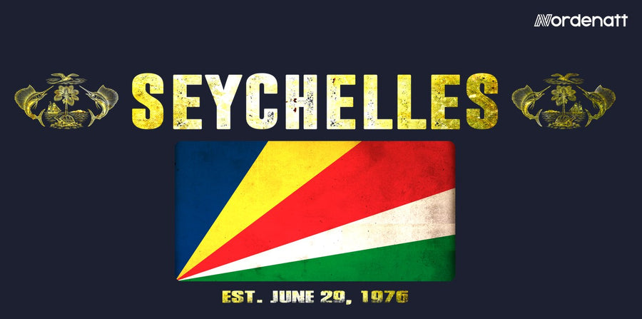 Seychelles design preview: flag, date and emblem inspiration printed on dark t-shirts (Nordenatt)