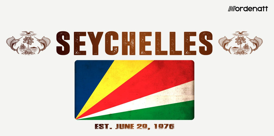 Seychelles design preview: flag, date and emblem inspiration printed on light t-shirts (Nordenatt)