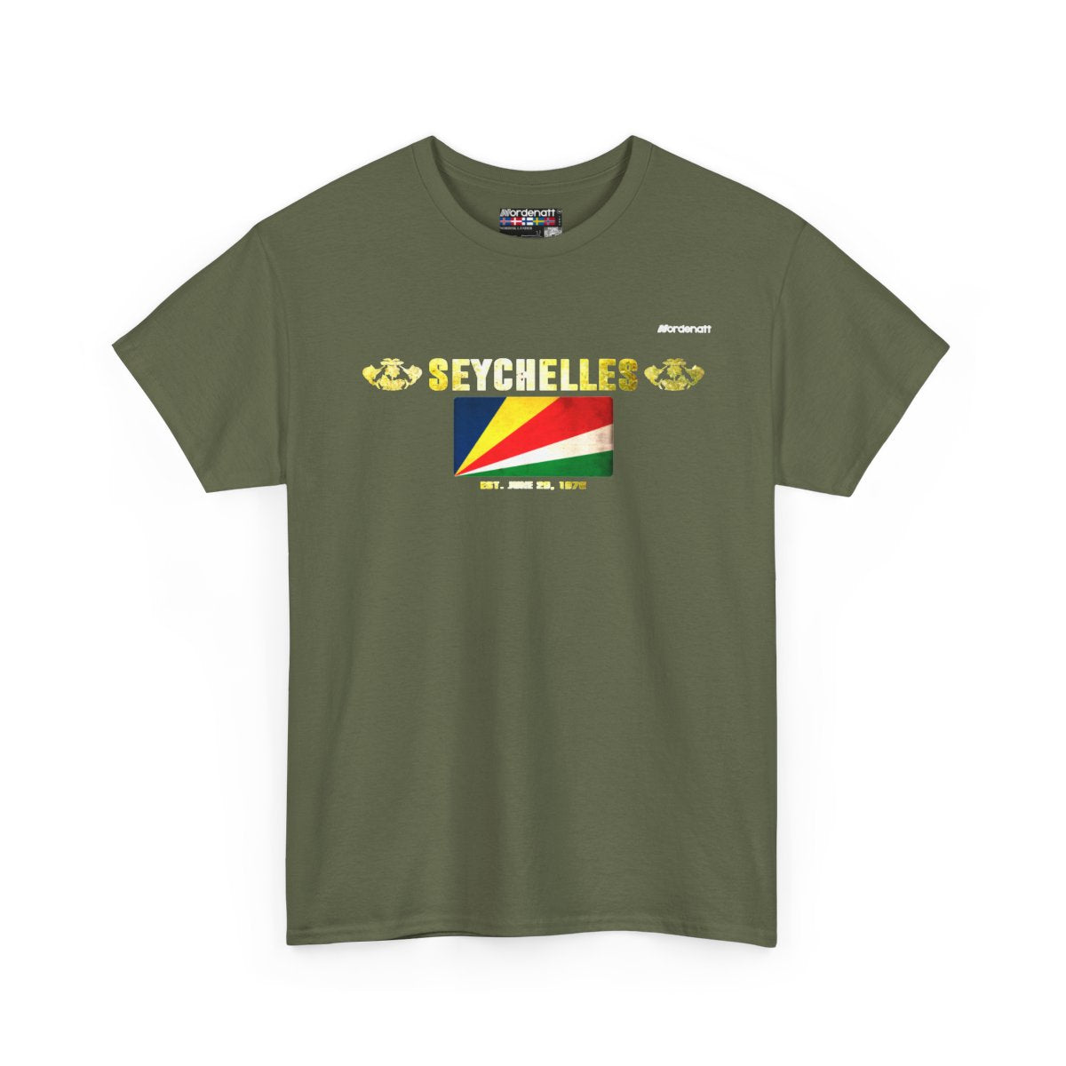 Seychelles flag t-shirt in Military Green — premium cotton, Nordenatt